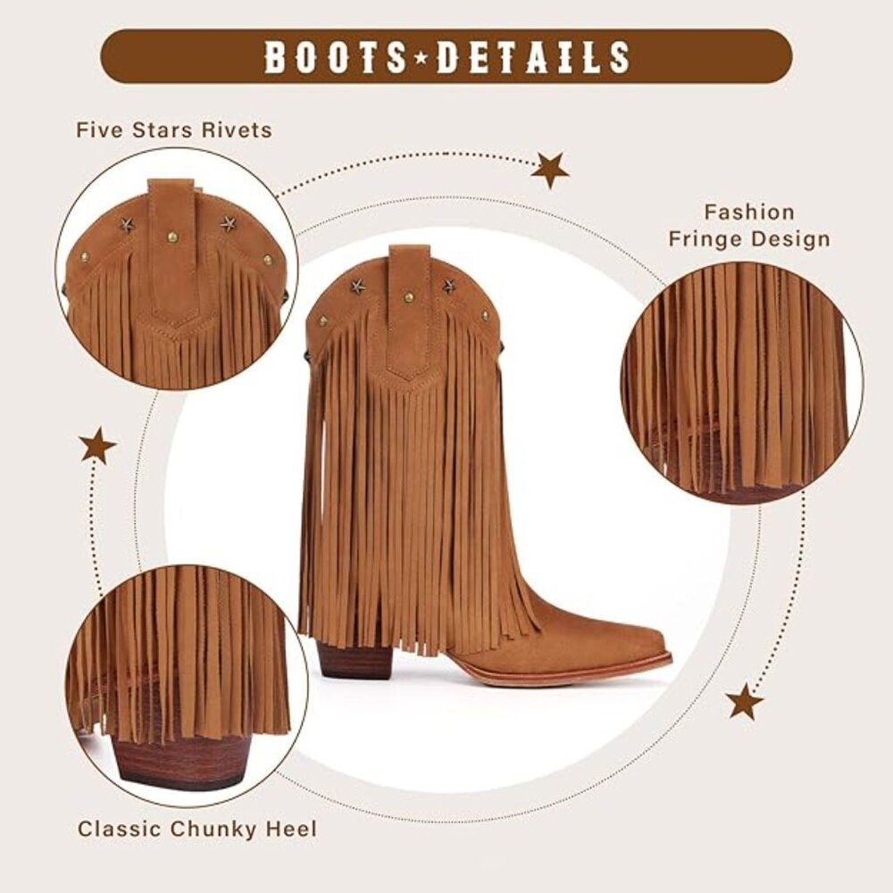 NEW! Cowgirl Boots with Star Studded, Pointed Toe and Chunky Heel – Mid Calf - Picture 4 of 4